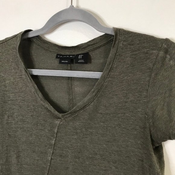 Tahari T-shirt 100% Linen Small Olive Green Asymmetrical V-Neck Knit Blouse - Picture 4 of 7